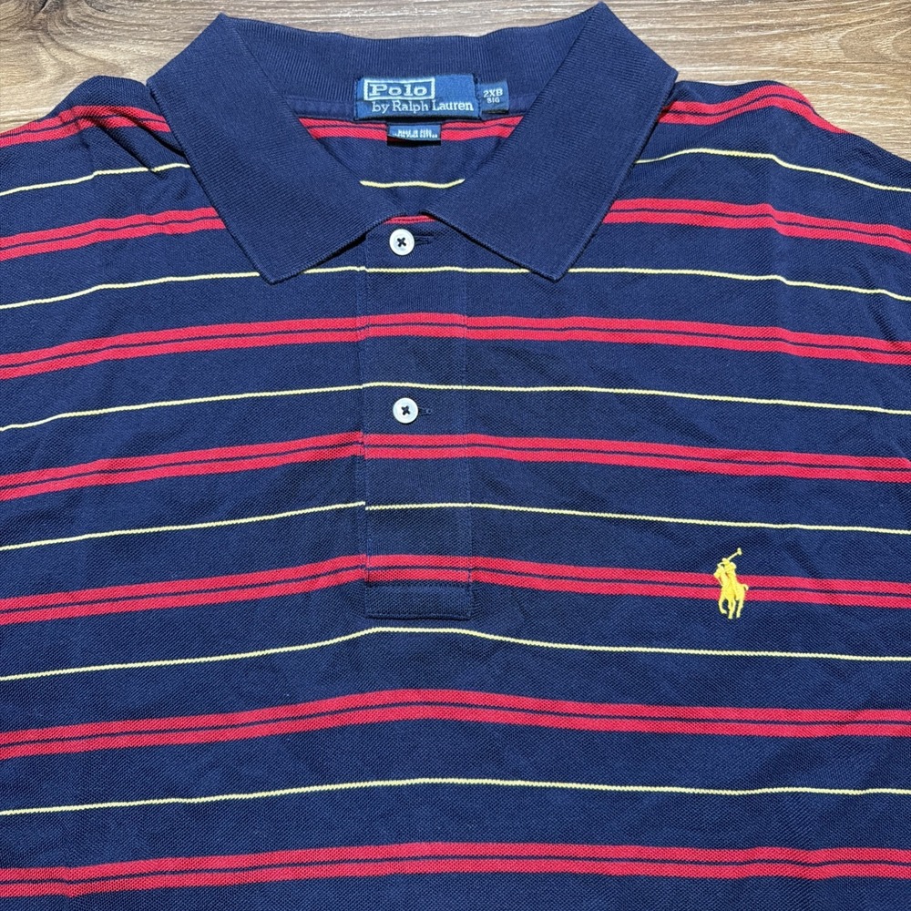 Vintage Polo Ralph‎ Lauren Mens 2XB Big Navy Red Striped Pima Cotton Gold Pony